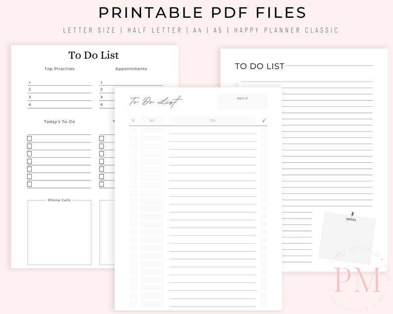 Peut inclure: Mod&egrave;les de liste de t&acirc;ches imprimables en trois formats diff&eacute;rents&nbsp;: Priorit&eacute;s principales, Rendez-vous et T&acirc;ches du jour. Les mod&egrave;les sont con&ccedil;us pour &ecirc;tre utilis&eacute;s avec un Happy Planner Classic.