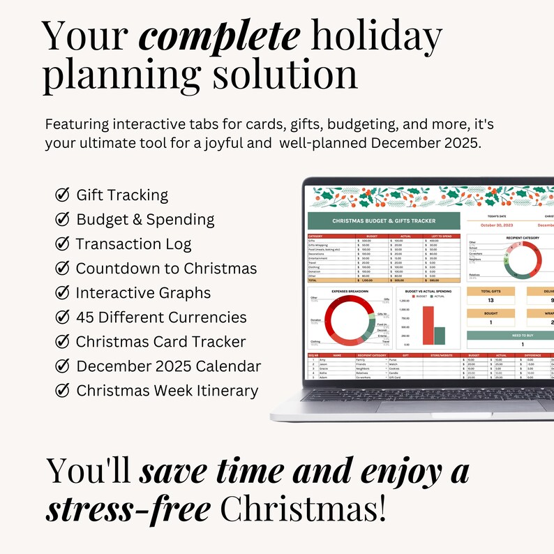 Holiday budget planner template in Google Sheets format, great for tracking December expenses and keeping everything organized at home