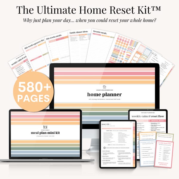 Digital Home Reset Kit Bundle 2026 Home Management Planner Meal Plan Cleaning Routine Organizer for Moms Daily Life Planning