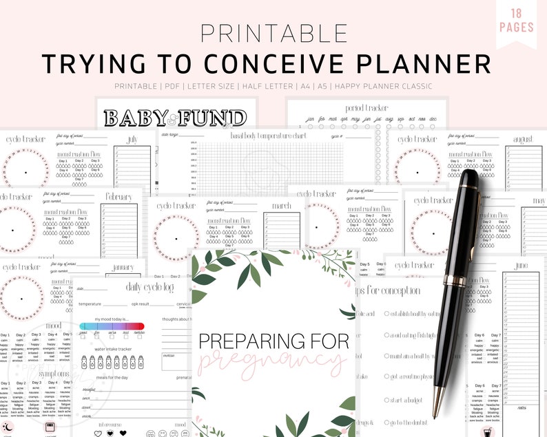 May include: Printable planner with a pink and green floral design. The planner is titled "Trying to Conceive Planner" and includes pages for tracking cycles, daily logs, and tips for conception. The planner is available in letter, half letter, A4, and A5 sizes.