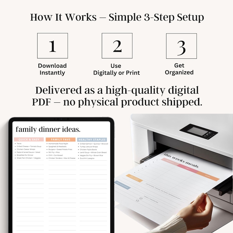 Printable family meal plan kit with no-fluff format, designed to simplify weekly dinners and reduce stress