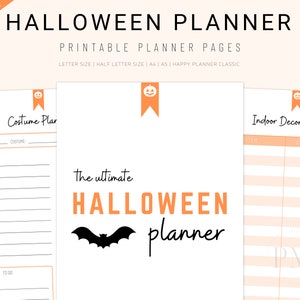 May include: Printable Halloween planner with 52 pages. The planner includes a costume planning page with a stick figure outline, a to-do list, and an indoor decor inventory page.