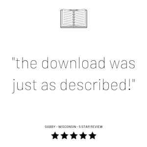 May include: A five-star review for a digital download. The review reads "the download was just as described!"