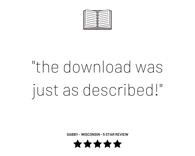 May include: A five-star review for a digital download. The review reads "the download was just as described!"