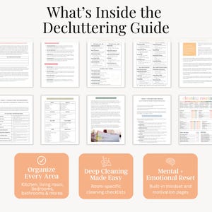 Preview of interior pages from the printable decluttering guide, featuring organizing tips, deep cleaning checklists, and mindset tools to support mental and emotional home reset