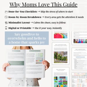 Interior preview of the printable decluttering workbook with callouts highlighting done-for-you checklists, room-by-room breakdown, minimalist layout, and digital or printable format designed for busy moms