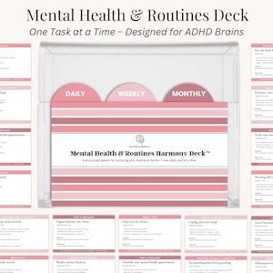 May include: A clear plastic box containing a deck of cards labeled "Mental Health & Routines Harmony Deck." The cards are pink and white with text. The box has three pink dividers labeled "Daily," "Weekly," and "Monthly." The top text reads "Mental Health & Routines Deck."