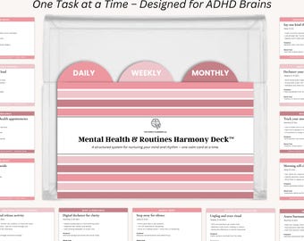 May include: A clear plastic box containing a deck of cards labeled "Mental Health & Routines Harmony Deck." The cards are pink and white with text. The box has three pink dividers labeled "Daily," "Weekly," and "Monthly." The top text reads "Mental Health & Routines Deck."