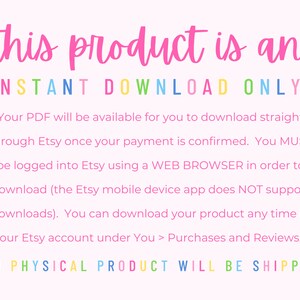 K&ouml;nnte beinhalten: Eine Textgrafik in Pink, Gelb, Blau und Gr&uuml;n mit der Aufschrift "this product is an INSTANT DOWNLOAD ONLY!"  Ihr PDF steht zum sofortigen Download &uuml;ber Etsy zur Verf&uuml;gung, sobald Ihre Zahlung best&auml;tigt wurde. Sie M&Uuml;SSEN &uuml;ber einen WEB-BROWSER bei Etsy angemeldet sein, um den Download zu starten (die Etsy-App f&uuml;r mobile Ger&auml;te unterst&uuml;tzt KEINE Downloads). Sie k&ouml;nnen Ihr Produkt jederzeit in Ihrem Etsy-Konto unter Sie > K&auml;ufe und Bewertungen herunterladen. KEIN PHYSIKALISCHES PRODUKT WIRD VERSANDT.
