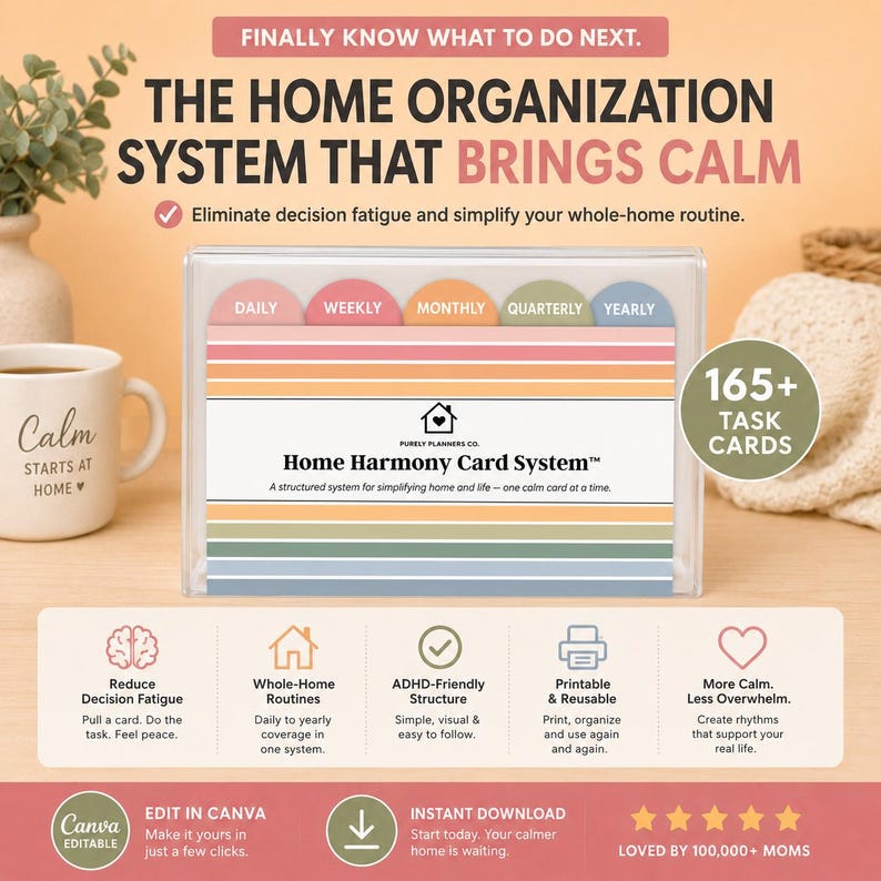 Home Harmony printable organization card system with over 165 home management task cards and divider tabs.