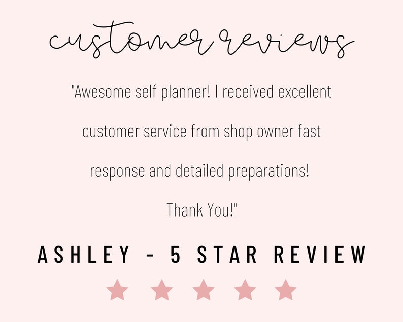 Puede incluir: Una rese&ntilde;a de un cliente para un planificador personal con una calificaci&oacute;n de cinco estrellas. La rese&ntilde;a dice: "&iexcl;Planificador personal incre&iacute;ble! Recib&iacute; un excelente servicio al cliente del due&ntilde;o de la tienda, respuesta r&aacute;pida y preparaciones detalladas! &iexcl;Gracias!"