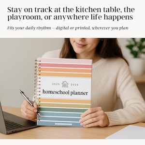 Mom using homeschool planner at the kitchen table. fits real life homeschooling
