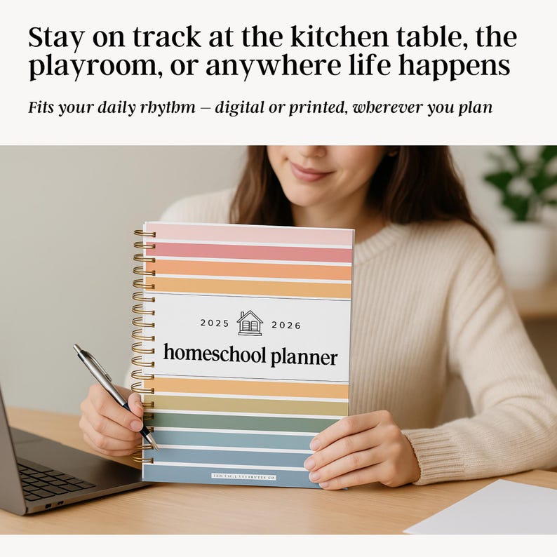 Mom using homeschool planner at the kitchen table. fits real life homeschooling