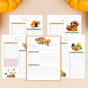 May include: Printable Thanksgiving planning checklist with four pages. The pages are titled "Thanksgiving Cooking", "Thanksgiving Baking", "Thanksgiving Recipe", and "Thanksgiving Baking". Each page has a list of items to check off, with a festive Thanksgiving-themed illustration at the top.