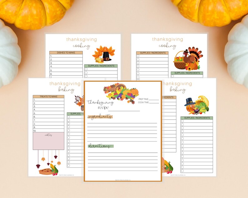 May include: Printable Thanksgiving planning checklist with four pages. The pages are titled "Thanksgiving Cooking", "Thanksgiving Baking", "Thanksgiving Recipe", and "Thanksgiving Baking". Each page has a list of items to check off, with a festive Thanksgiving-themed illustration at the top.