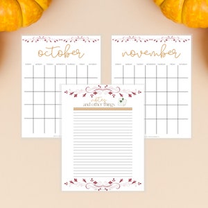 May include: Printable calendar pages for October and November with a notes section. The calendar pages have a burgundy floral design and the notes section has a brown floral design with the words "notes and other things" in gold.