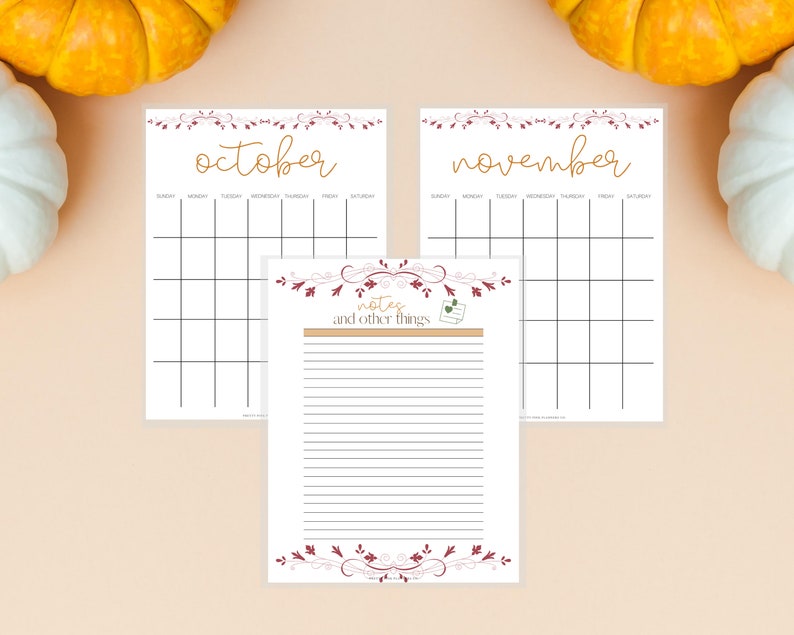 May include: Printable calendar pages for October and November with a notes section. The calendar pages have a burgundy floral design and the notes section has a brown floral design with the words "notes and other things" in gold.