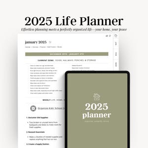 May include: A 2025 planner with a green background and a white house icon. The text "2025 planner" is in white and the text "organize, simplify, thrive" is in gray.