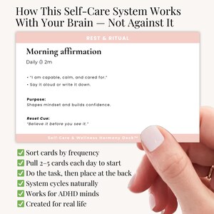 A mom with a coffee cup using the digital routine card deck on her couch to reduce overwhelm