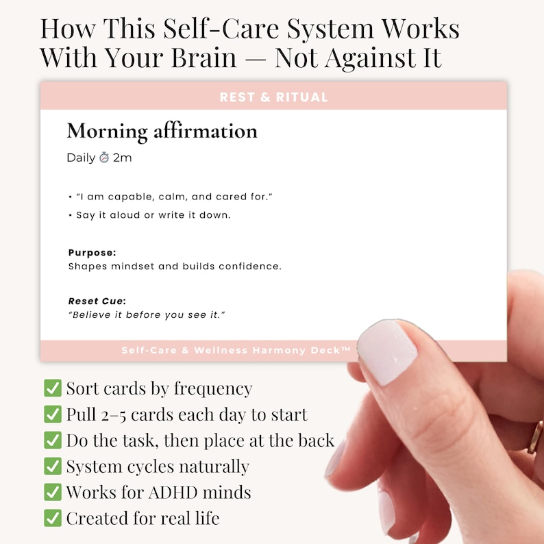 A mom with a coffee cup using the digital routine card deck on her couch to reduce overwhelm