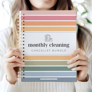 May include: A colorful monthly cleaning checklist bundle with a striped cover. The cover features a checklist icon and the text "monthly cleaning checklist bundle".