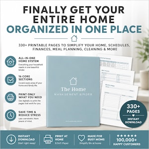 Peut inclure: Un classeur de gestion domestique bleu clair avec une icône de maison blanche et le texte The Home Management Binder. L'image présente des pages imprimables pour les plannings, les repas et les budgets, avec 330+ pages pour un système complet, un téléchargement instantané et un format de papier standard.