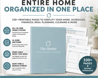 May include: A light blue home management binder with a white house icon and text reading The Home Management Binder. The image includes printable pages for schedules, meal planning, and budgets, with text highlighting 330+ printable pages for an all-in-one home system, instant download, and 8.5x11 paper size.