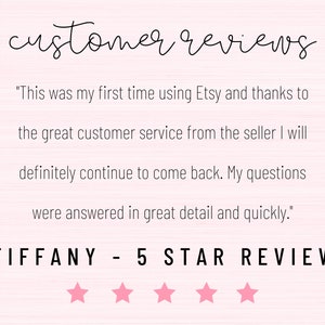 May include: A customer review for a shop on Etsy with a five-star rating. The review reads, "This was my first time using Etsy and thanks to the great customer service from the seller I will definitely continue to come back. My questions were answered in great detail and quickly."
