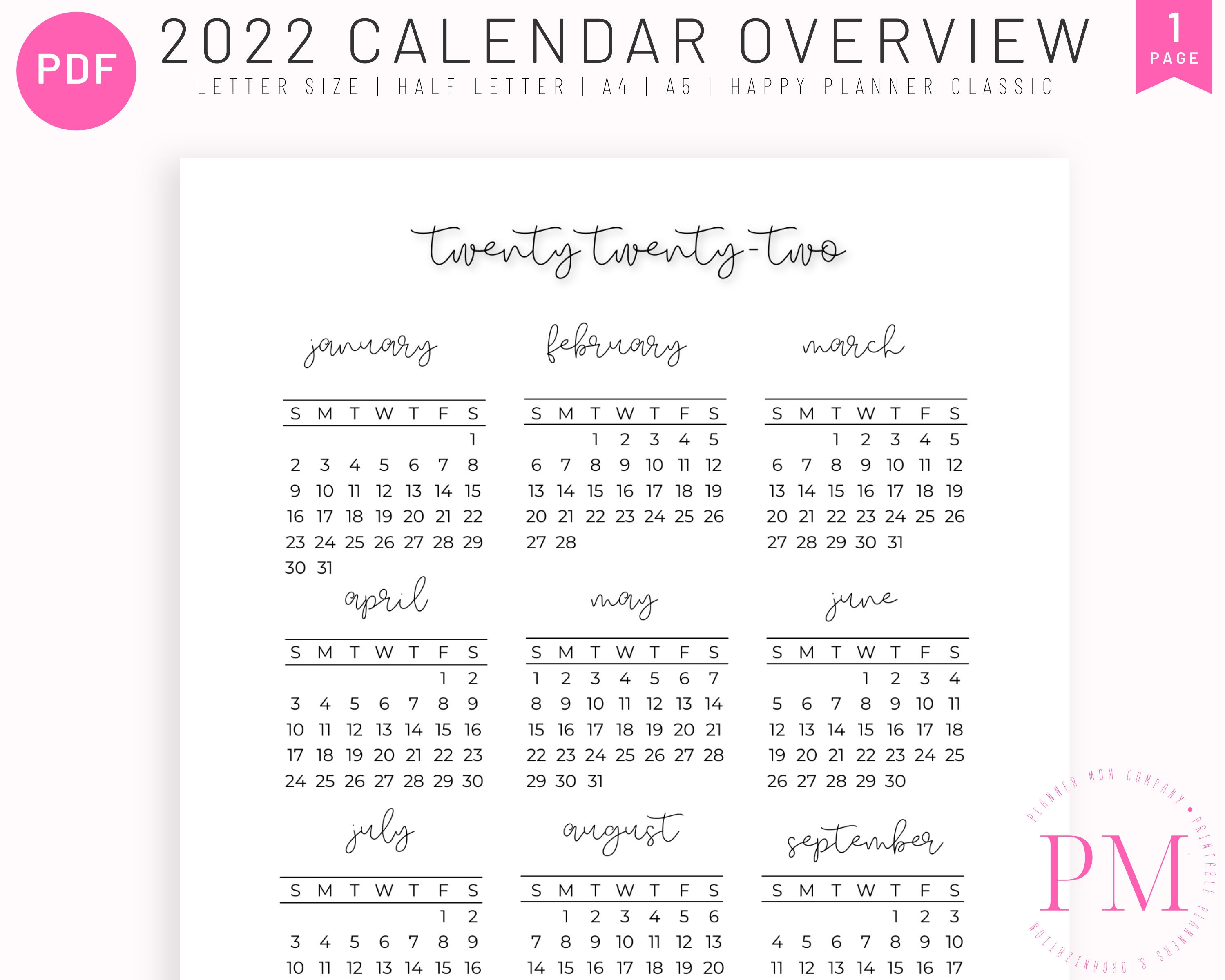 2022 Calendar Overview 2022 Calendar Digital Download Calendar Printable 2022 Desk | Etsy Singapore