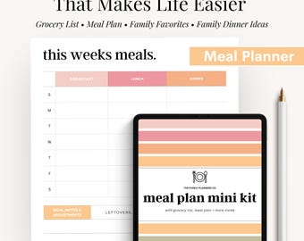 Kit de planificación de comidas familiares (PDF imprimible) Organizador semanal de cenas para mamás ocupadas con ideas sencillas y plantilla de lista de compras