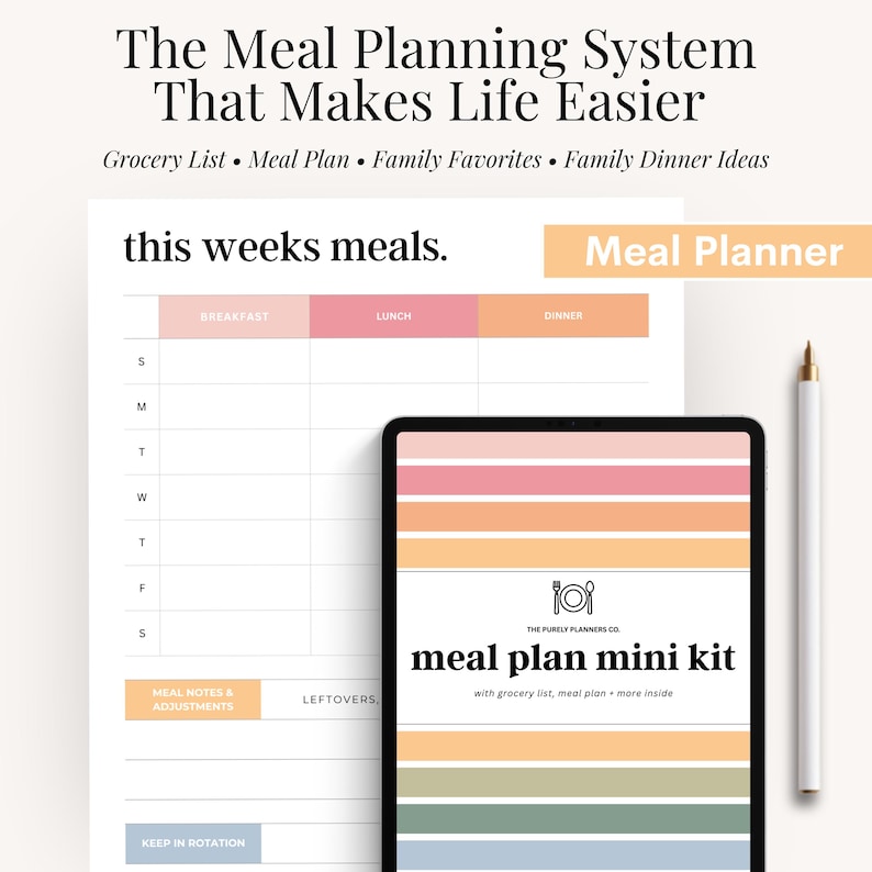 Family meal planner PDF printable with weekly layout, ideal for busy moms organizing dinners for the week