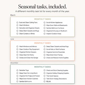 Examples of seasonal cleaning tasks included in the monthly cleaning checklist bundle.