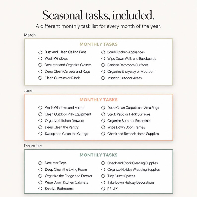 Examples of seasonal cleaning tasks included in the monthly cleaning checklist bundle.
