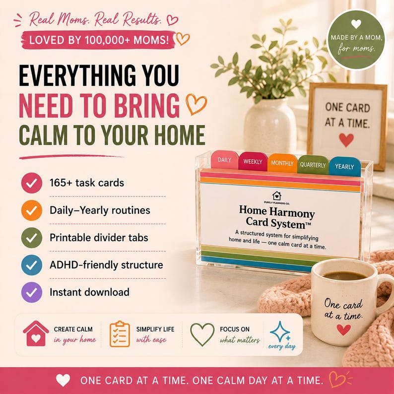 Printable home organization card deck including daily, weekly, monthly, quarterly, and annual cleaning routines.