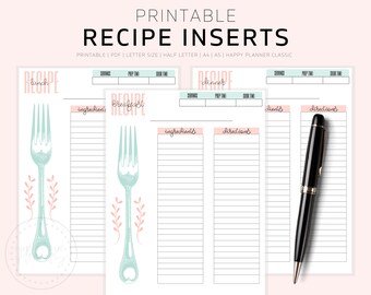 Meal Planner Printable, Weekly Meal Planner, Recipe Cards, Half Size, A5, A4 Letter, Menu Planning Notebook, Planner Inserts