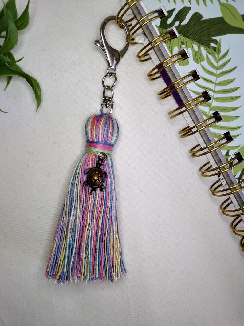 tassel keychain tassel planner turtle charm tassel zipper pull charm long tassel backpack charm. Rainbow color handmade tassel bag charm