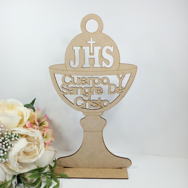 Holy Chalice Cake Topper. Wooden Grial First Holy Communion Cake Topper. JHS Confirmation Centerpiece. Centro de mesa de Primera Comunión