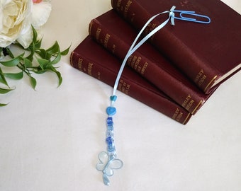 Handmade beaded bookmark. woman bookmark, booklover gift, flower bookmark. handmade butterfly beaded book thong. ribbon bibliophile gift.