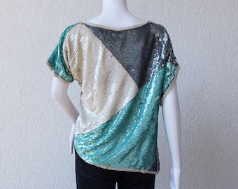 Vintage asymmetrical sequin shirt in turquoise grey and dark white beads/ 1980s sequin blouse / 80s Vintage asymmetric top / 80er Pailletten