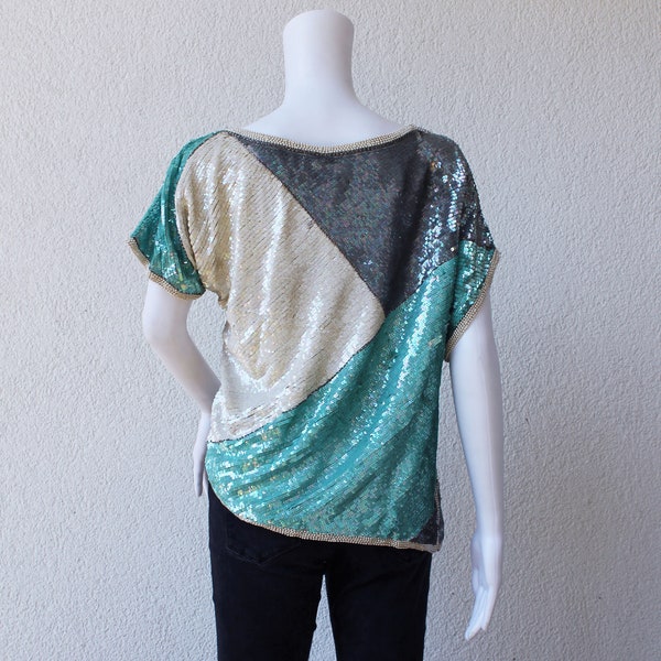 Vintage asymmetrical sequin shirt in turquoise grey and dark white beads/ 1980s sequin blouse / 80s Vintage asymmetric top / 80er Pailletten