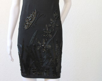 KITSCHSCHICK 90s Vintage evening gown / butterly flowers evening dress beads / chic vintage prom dress / 1990s little black stretch dress