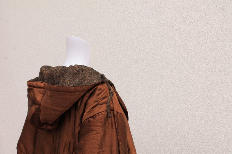 Vintage reversible hooded Parka 90s Vintage coat 80s shiny bronze and brown long jacket with hood