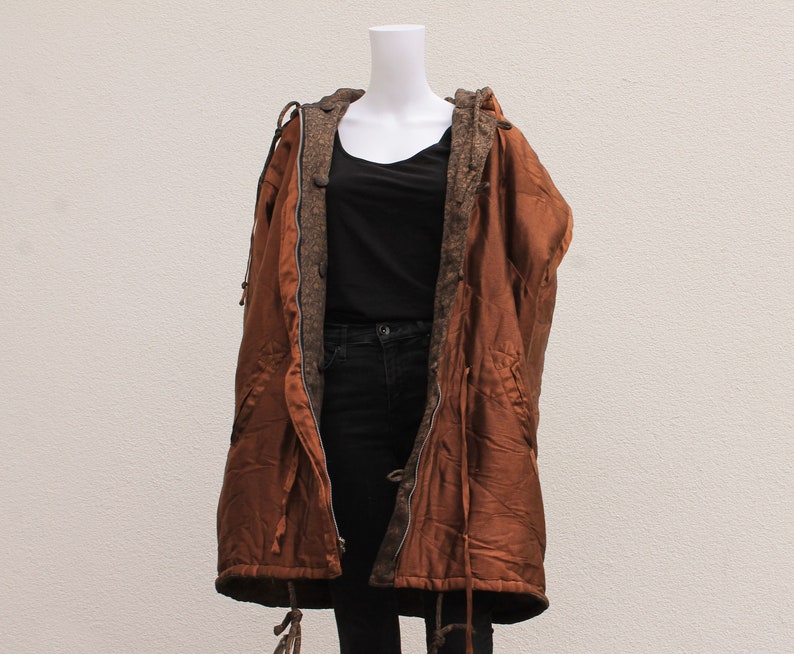 Vintage reversible hooded Parka 90s Vintage coat 80s shiny bronze and brown long jacket with hood