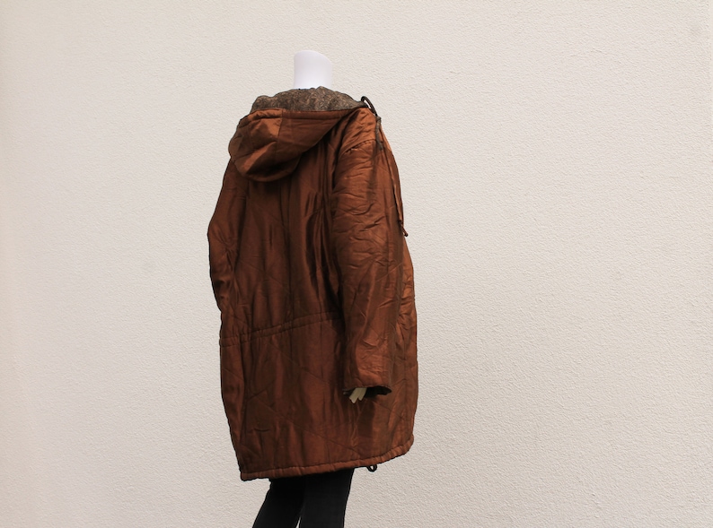Vintage reversible hooded Parka 90s Vintage coat 80s shiny bronze and brown long jacket with hood