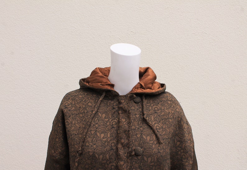 Vintage reversible hooded Parka 90s Vintage coat 80s shiny bronze and brown long jacket with hood