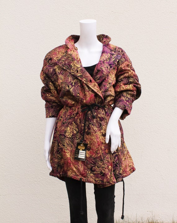 Vintage Coat pink purple rose batik with floral p… - image 3