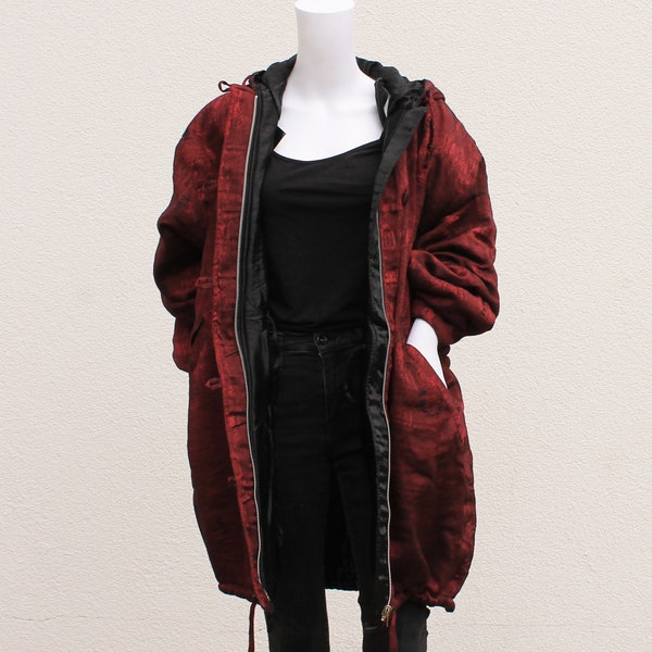 Vintage réversible à capuche Parka / 90 s manteau Vintage / années 80 motif vintage roux foncé et noir brillant longs veste avec capuche / 1980 Wendemantel