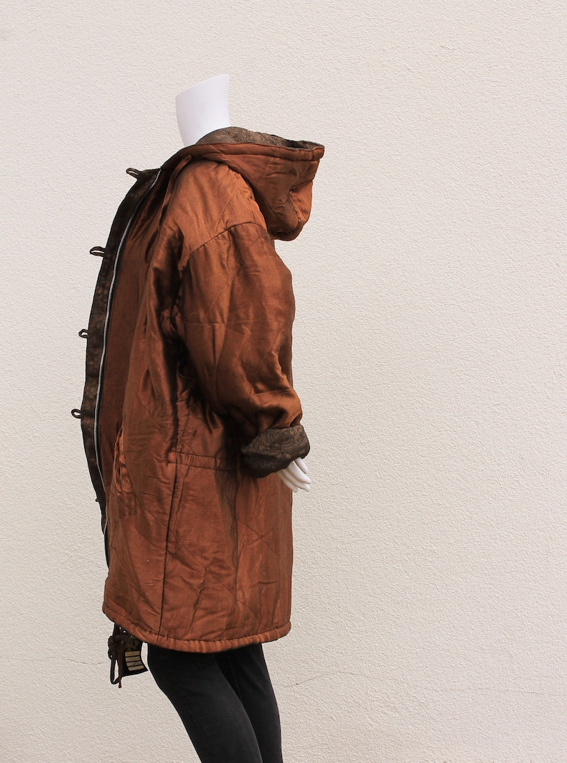 Vintage reversible hooded Parka 90s Vintage coat 80s shiny bronze and brown long jacket with hood