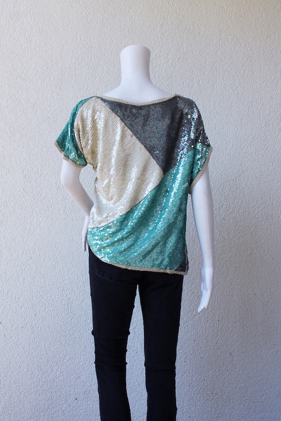 Vintage asymmetrical sequin shirt in turquoise gre