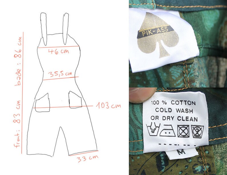 May include: A black and white line drawing of a pair of dungarees with measurements in centimetres. The dungarees have two pockets on the front. The image also shows a green fabric with a white label that says "PIK-ASS" and a white label with care instructions that says "100% COTTON COLD WASH OR DRY CLEAN".